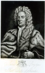Portrett av James Brydges, første hertug av Chandos (1673-1744), gravert av Burnet Reading (fl. 1776-1822)